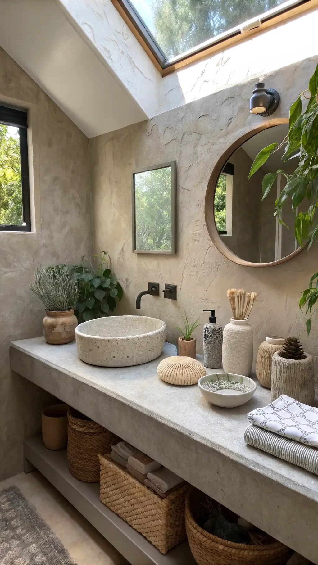 Bathroom vanity with textured plaster walls and wabi-sabi pottery under skylight