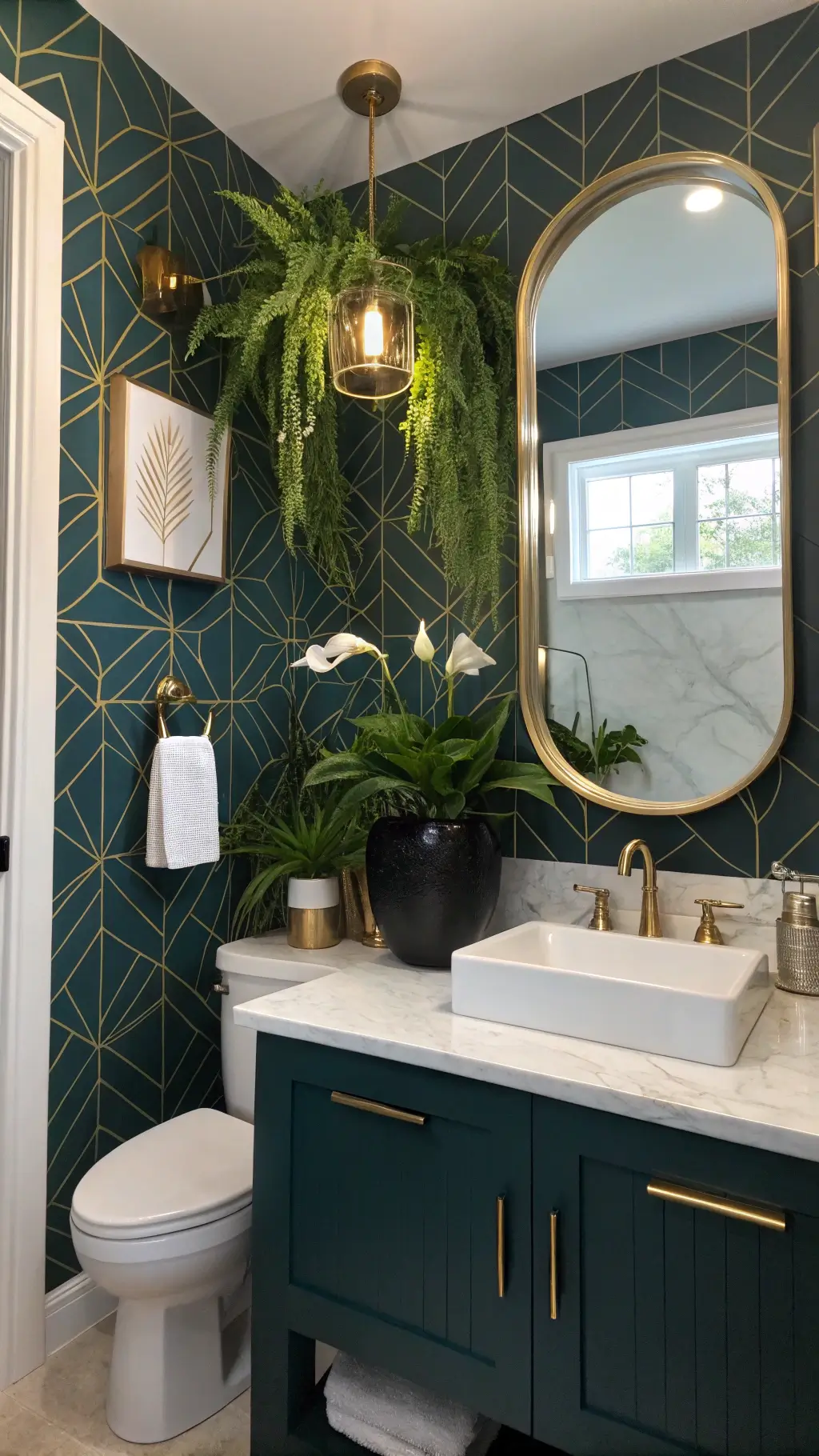 Modern bathroom with peace lily and spider plants