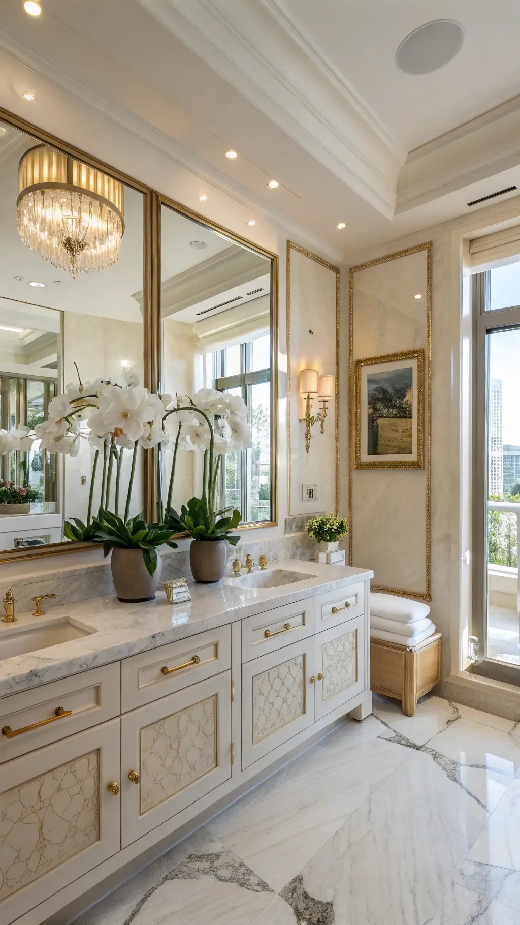 Luxury bathroom with orchids in white pots
