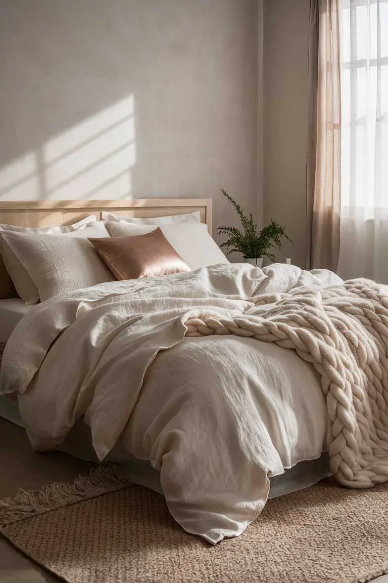Bed layered with linen duvet cover, cotton sheets, wool throw, and silk pillow
