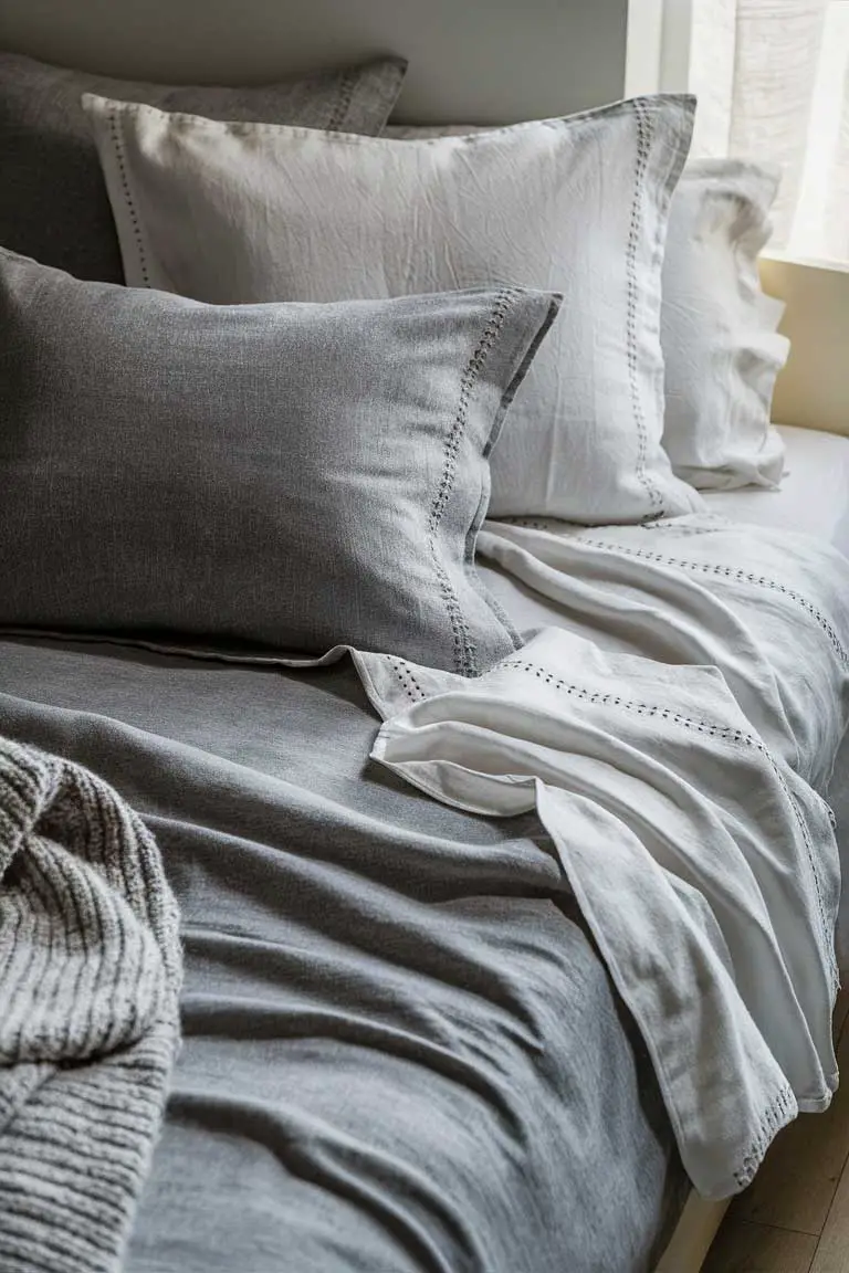 Bed with grey fitted sheet, white flat sheet, and mixed color pillowcases showing varied textures