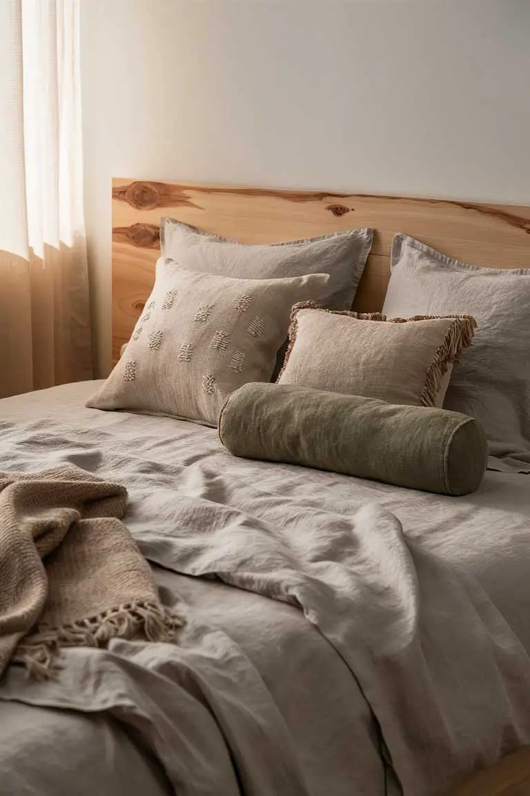 Neutral linen duvet with three decorative pillows featuring embroidery and raw edges