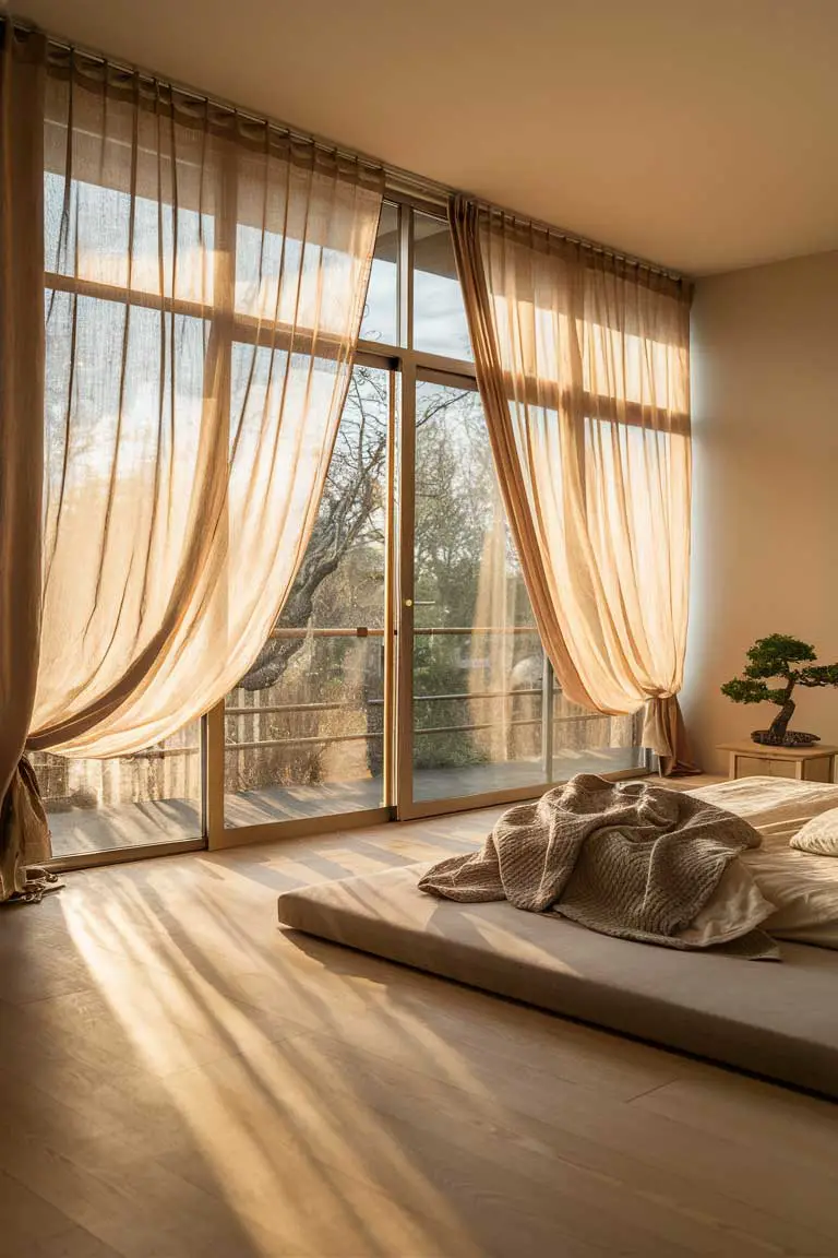 Floor-to-ceiling sheer linen curtains in soft ecru filtering sunlight
