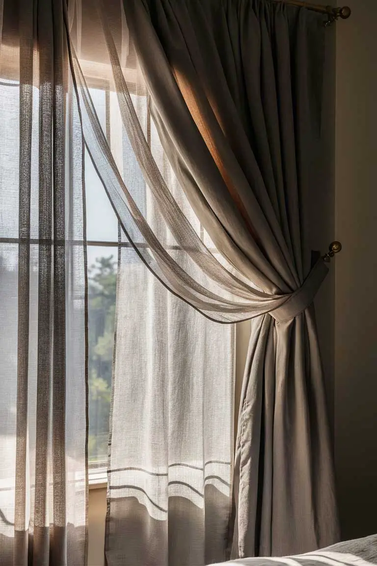 Layered window treatments with sheer pale grey linen and heavier taupe textured curtains