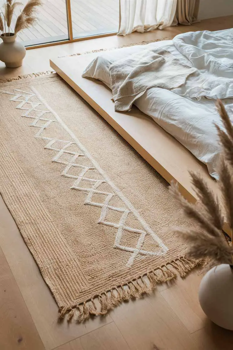 Natural jute area rug with simple geometric pattern under bed