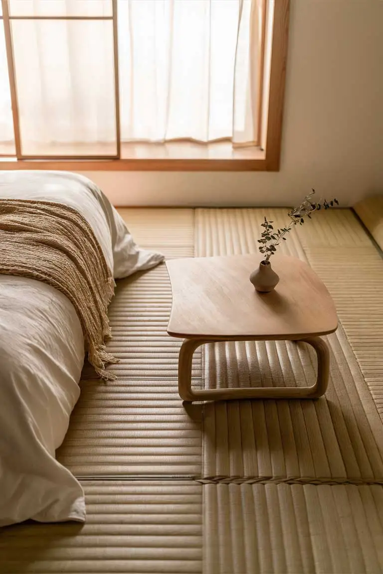 Tatami-inspired woven rush grass mat next to bed with low wooden side table