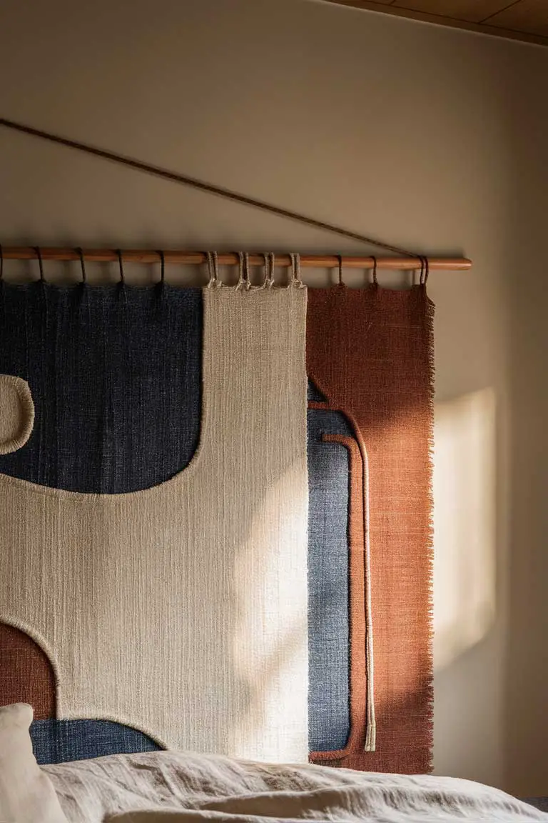 Minimalist woven tapestry with abstract shapes in muted indigo, rust, and cream
