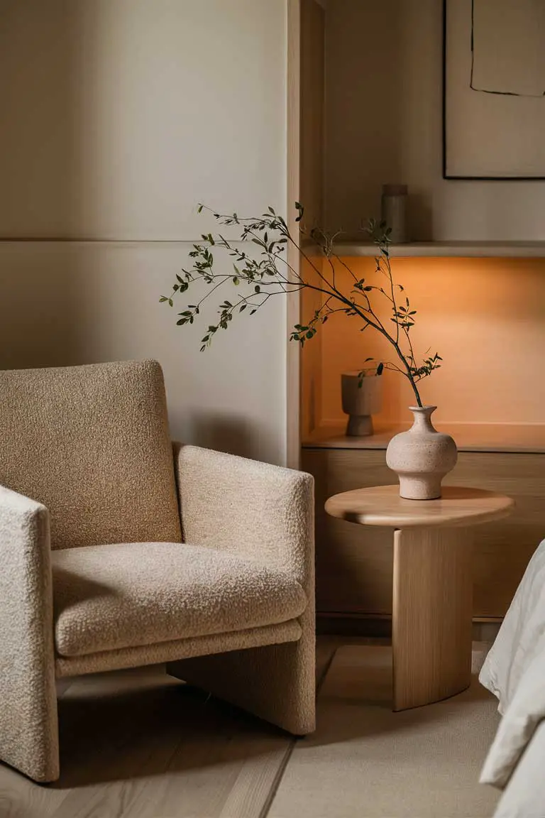 Low-profile armchair upholstered in textured oatmeal fabric beside wooden side table
