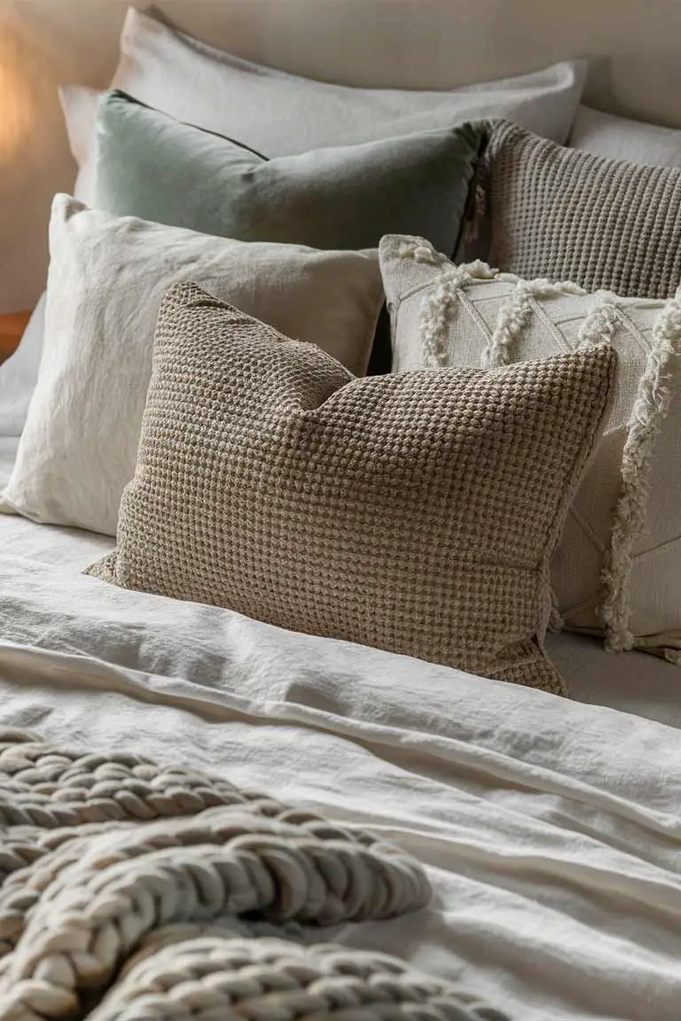 Layered Japandi bed with white linen duvet, chunky knit throw, and varied pillows