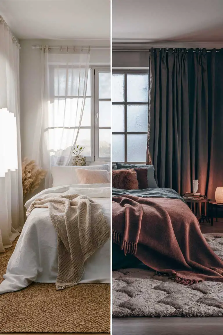 Split image showing Japandi bedroom styled for summer and winter with different textiles