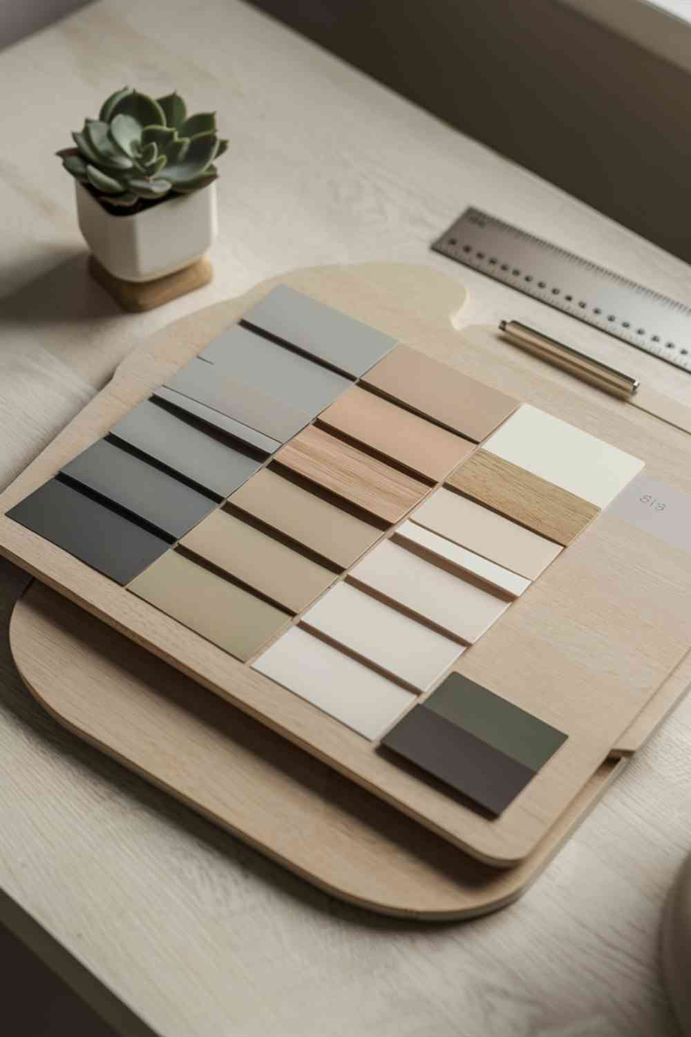 Japandi color palette board with soft gray, warm beige, light oak, crisp white, and charcoal swatches, accompanied by a small potted succulent.