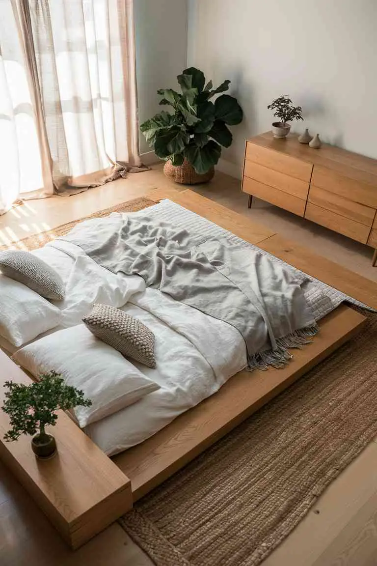 Japandi bedroom with low wooden platform bed, integrated nightstands, minimalist dresser, and a large fiddle leaf fig plant.