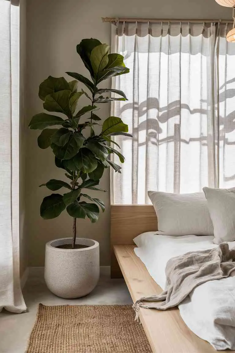 Japandi bedroom corner featuring a large Fiddle Leaf Fig in a minimalist ceramic pot beside a low wooden bed.
