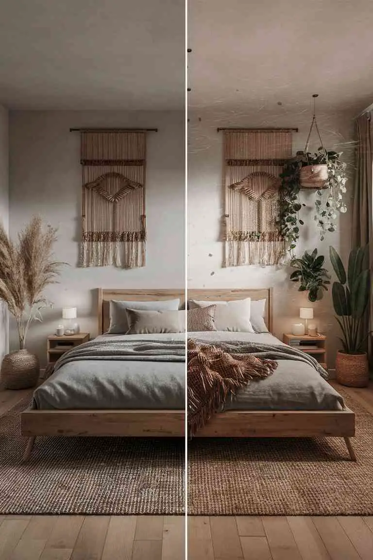 Comparison of Japandi bedrooms without and with plants, showing enhanced vibrancy and air quality in the planted room.