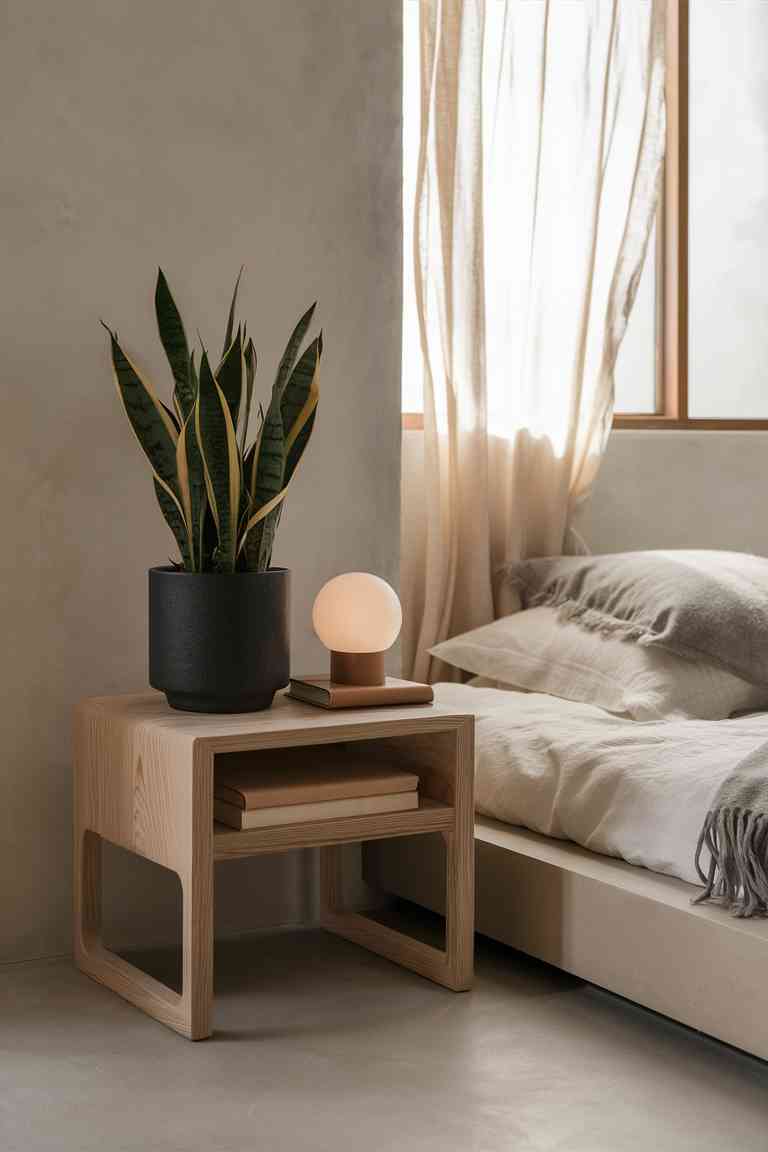 Medium-sized Snake Plant in a sleek pot on a wooden nightstand next to a low platform bed.