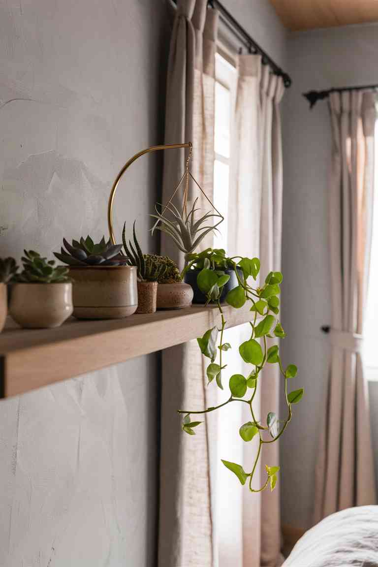 Wooden floating shelf with small succulents, hanging air plant, and trailing pothos in a Japandi bedroom.