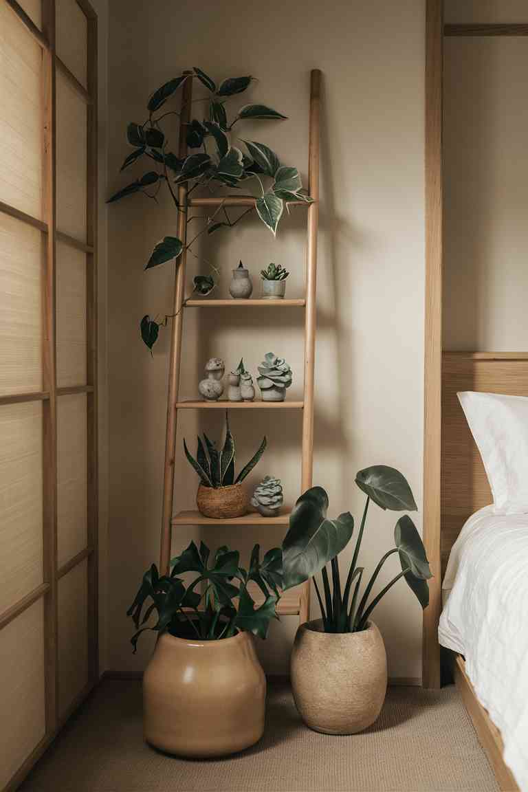 Japandi bedroom corner with a ladder shelf displaying a variety of plants at different heights, including a Monstera in a ceramic pot.