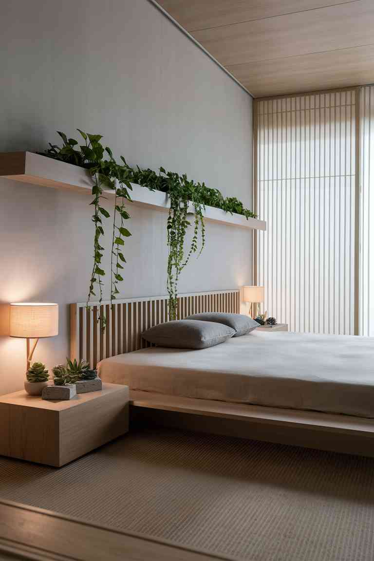 Modern Japandi bedroom with low bed, slatted headboard, floating shelf with trailing pothos, and geometric planters with succulents.