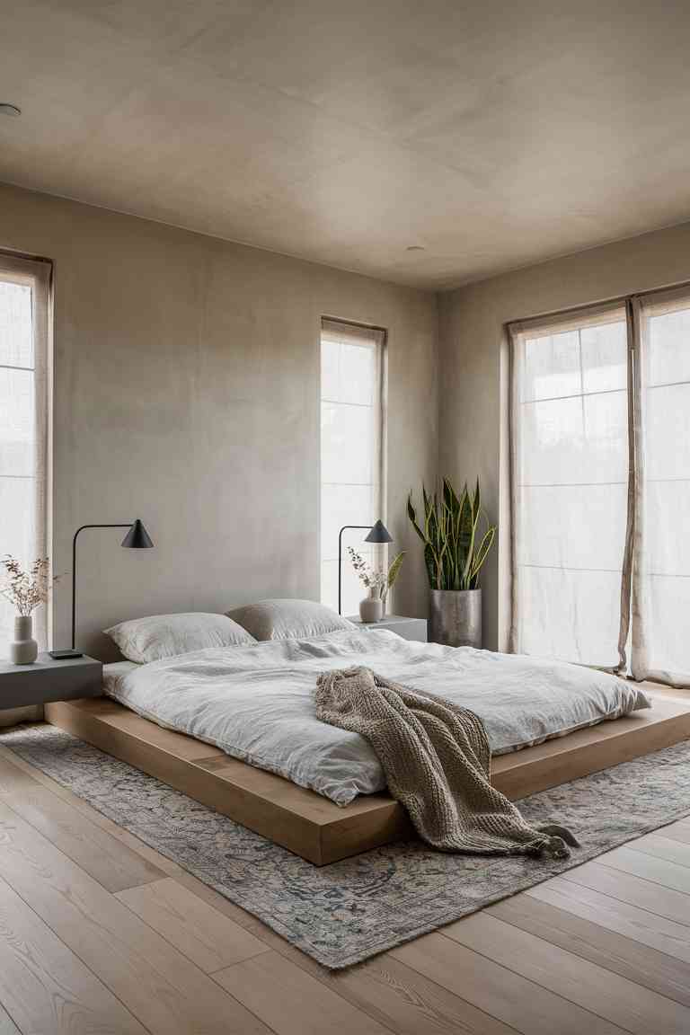 Minimalist Japandi bedroom with low wooden platform bed, floating nightstands, and a tall snake plant in a sleek pot.