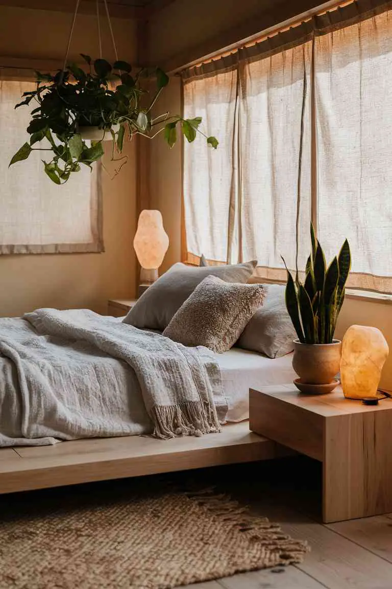 Cozy Japandi bedroom with low wooden bed, layered neutral linen bedding, small snake plant on nightstand, and hanging pothos.