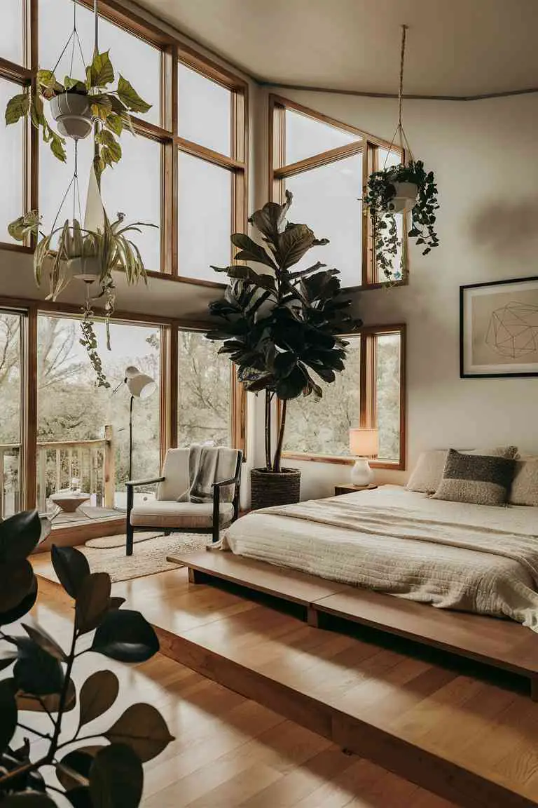 Spacious Japandi bedroom with high ceilings, large fiddle leaf fig, hanging pothos, king-size platform bed, and natural wood furniture.