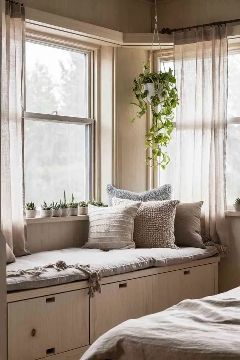 Japandi bedroom with built-in window seat, neutral cushions, small succulents on windowsill, and hanging pothos plant.