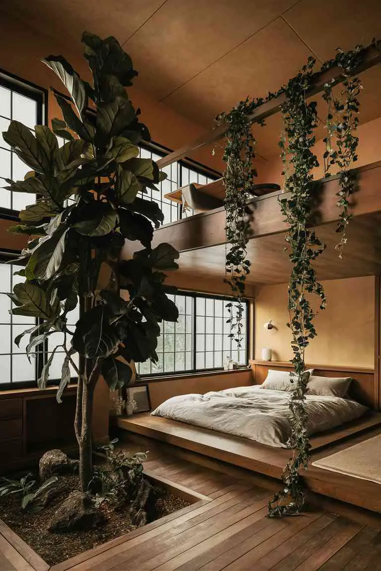 Japandi bedroom with mezzanine, tall fiddle leaf fig on ground floor, trailing plants hanging from mezzanine railing, and minimalist workspace above.