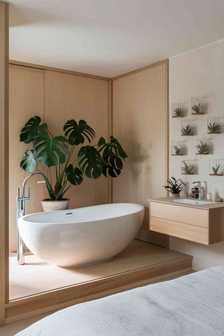 En-suite bathroom with freestanding tub, light wood paneling, large monstera plant, and floating vanity with air plants in glass terrariums.