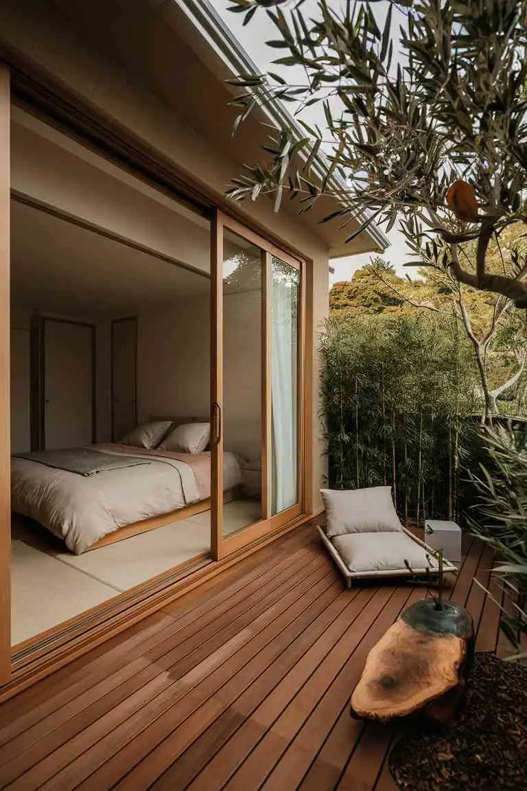 Japandi bedroom with sliding doors to balcony featuring olive tree and bamboo in ceramic planters, wooden decking, and minimalist outdoor seating.