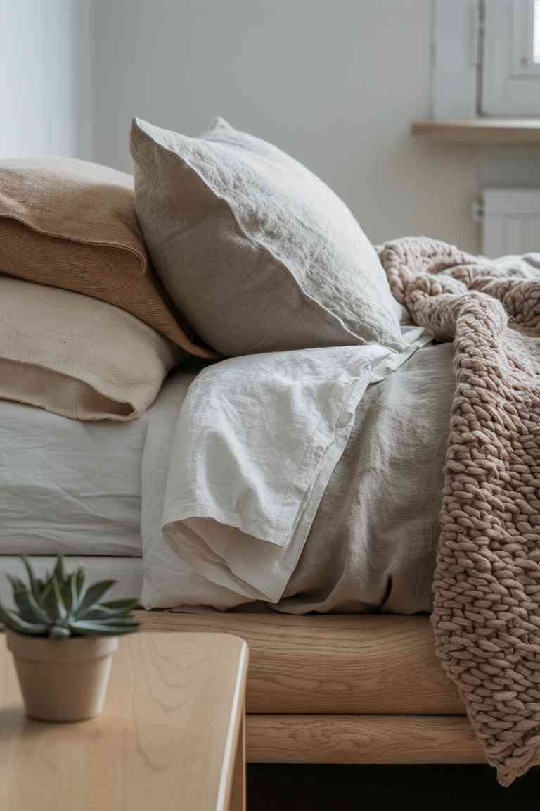 Japandi bed with light wood frame, linen duvet, cotton sheets, chunky knit throw, and small potted succulent on nightstand.