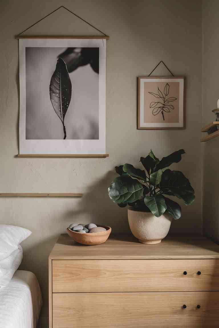 Japandi bedroom wall with minimalist black and white leaf photograph, botanical line drawing, and medium potted plant on wooden dresser.