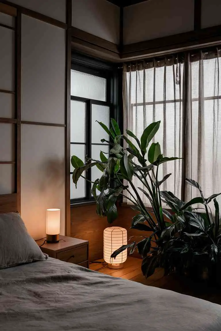Japandi bedroom corner with large window, sheer curtains, tall indoor plant, minimalist table lamp, and paper lantern floor lamp.