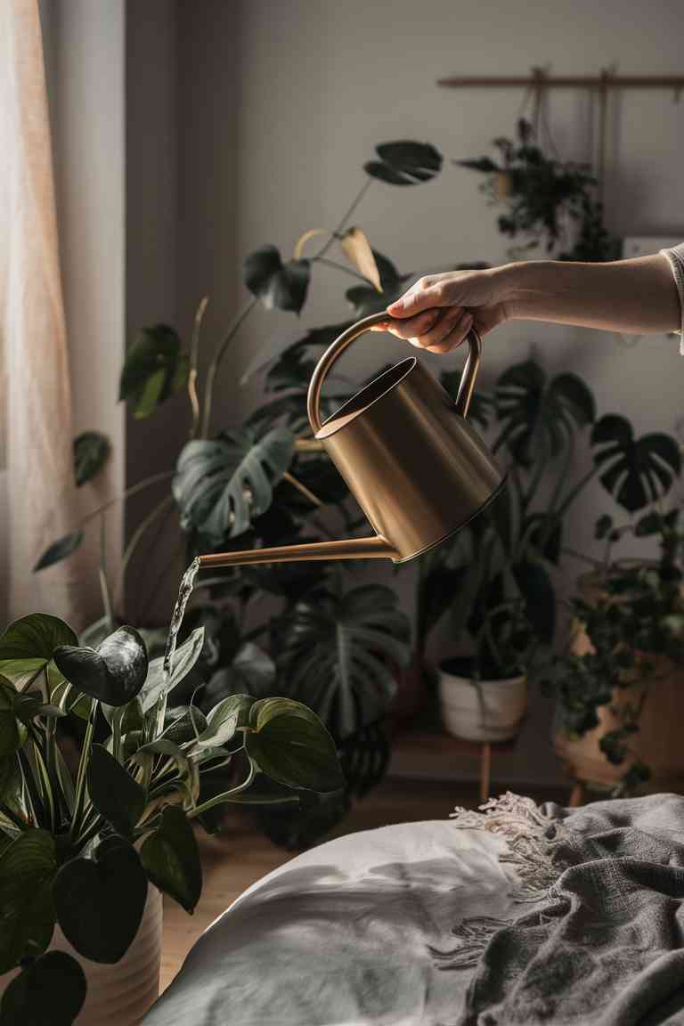 Hand watering a medium-sized plant in a Japandi bedroom using a minimalist brass watering can, with various plants in the background.