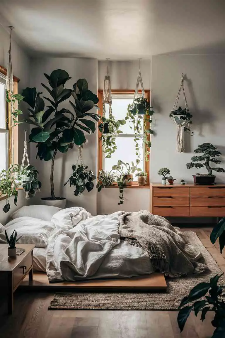 Serene Japandi bedroom bathed in soft morning light with fiddle leaf fig, hanging pothos, succulents, and bonsai on a wooden dresser.