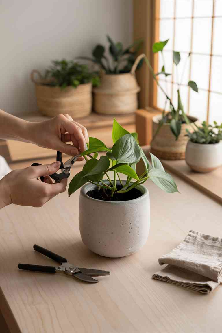 Hands pruning a pothos plant in a Japandi bedroom, with pruning shears and a soft cloth nearby.