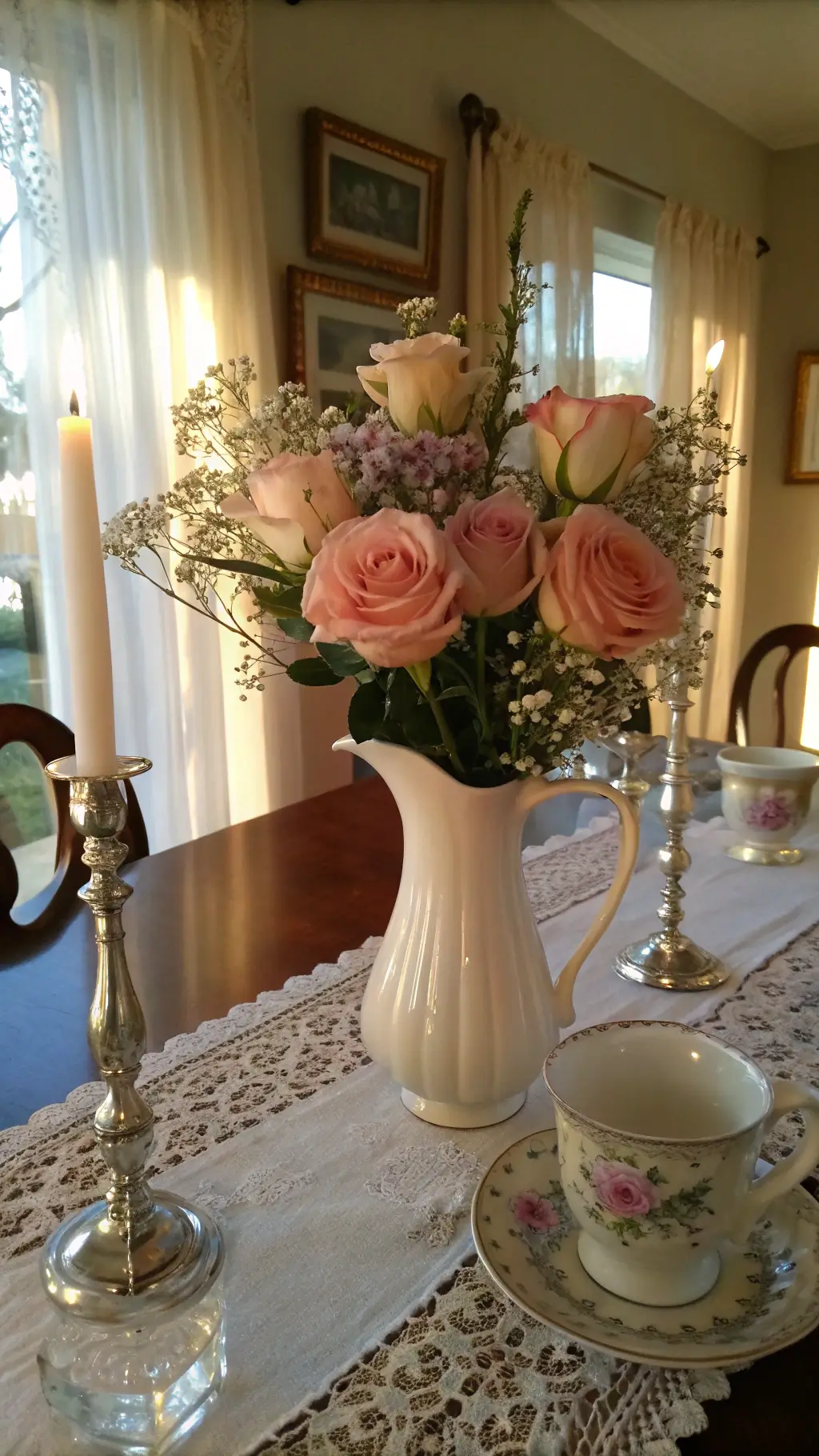 Vintage breakfast nook with milk-glass pitcher filled with roses, lavender, and baby's breath on lace runner