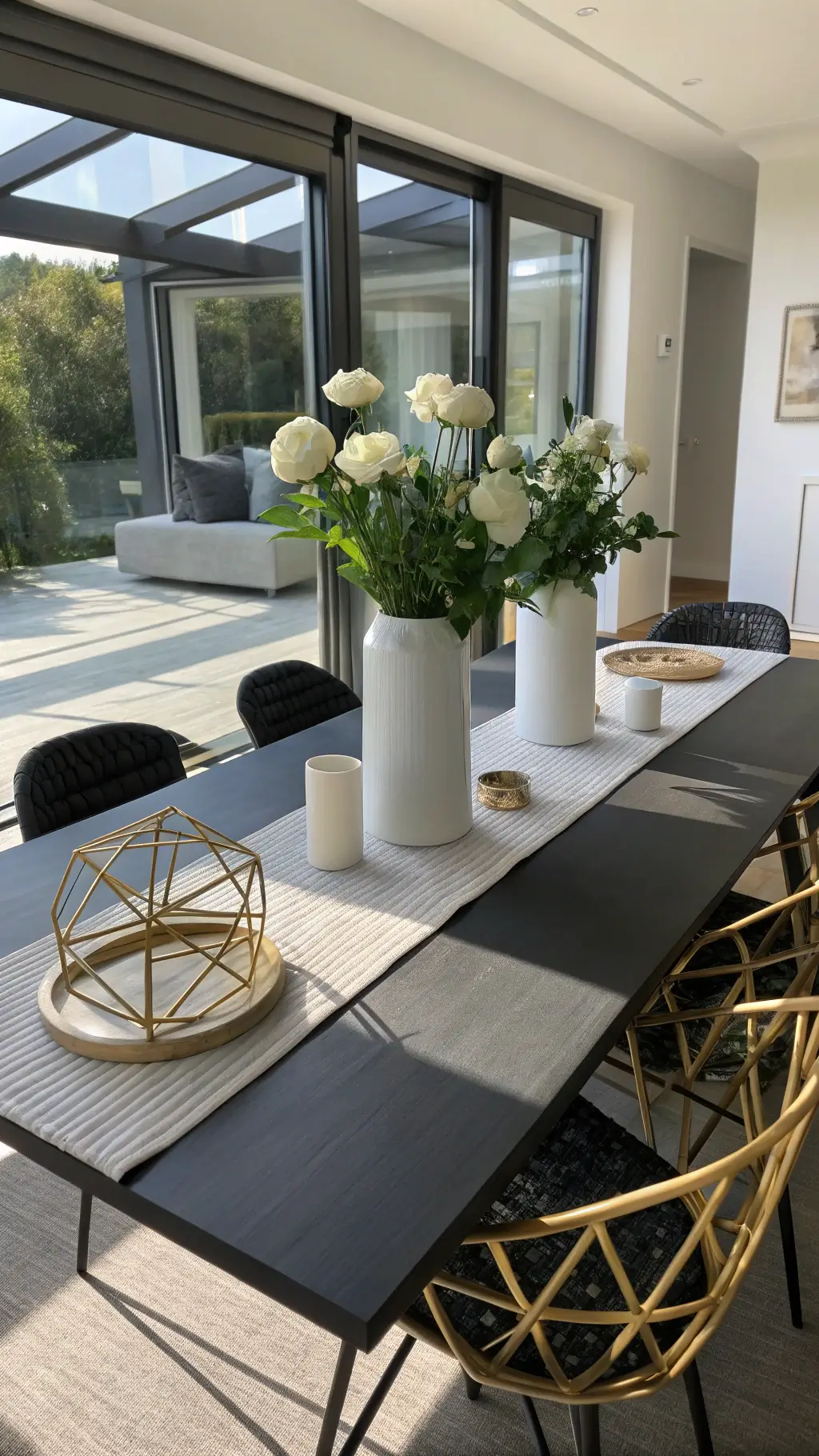 Modern dining room with matte black table, white ceramic vase, and gold accents