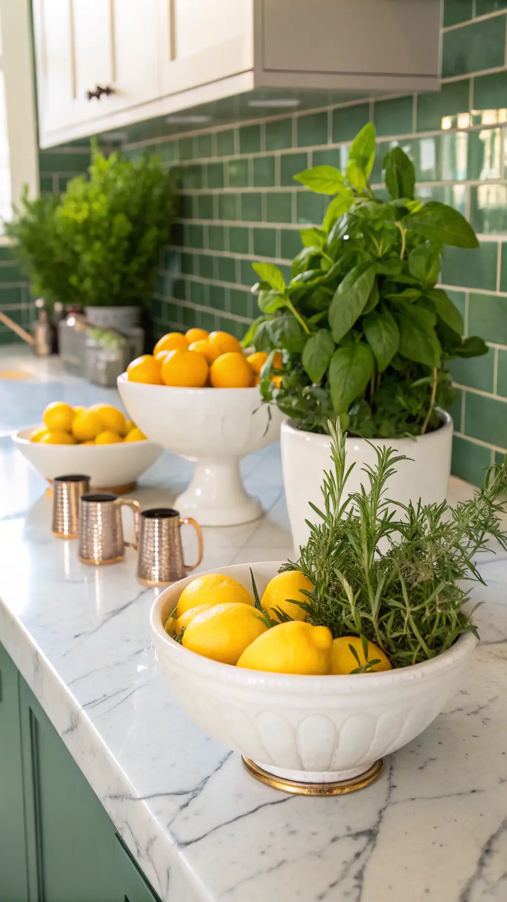 Sunlit kitchen island with white ceramic bowls of lemons, herbs, and copper measuring cups