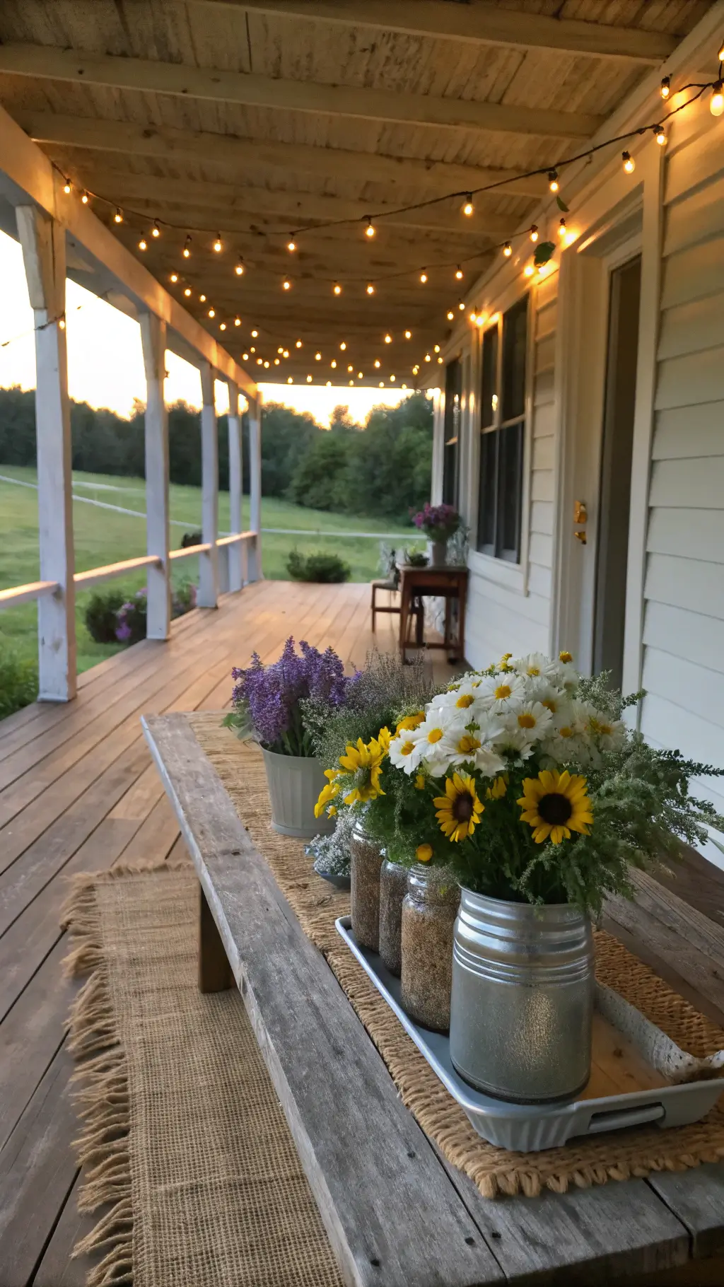 Rustic porch with wooden farm table, mason jars filled with wildflowers, burlap runner, and string lights