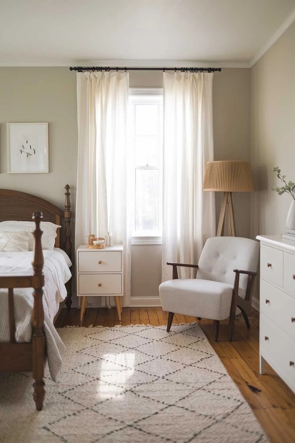 Scandinavian farmhouse bedroom with gray walls, wooden bed, white dresser, and beige rug.