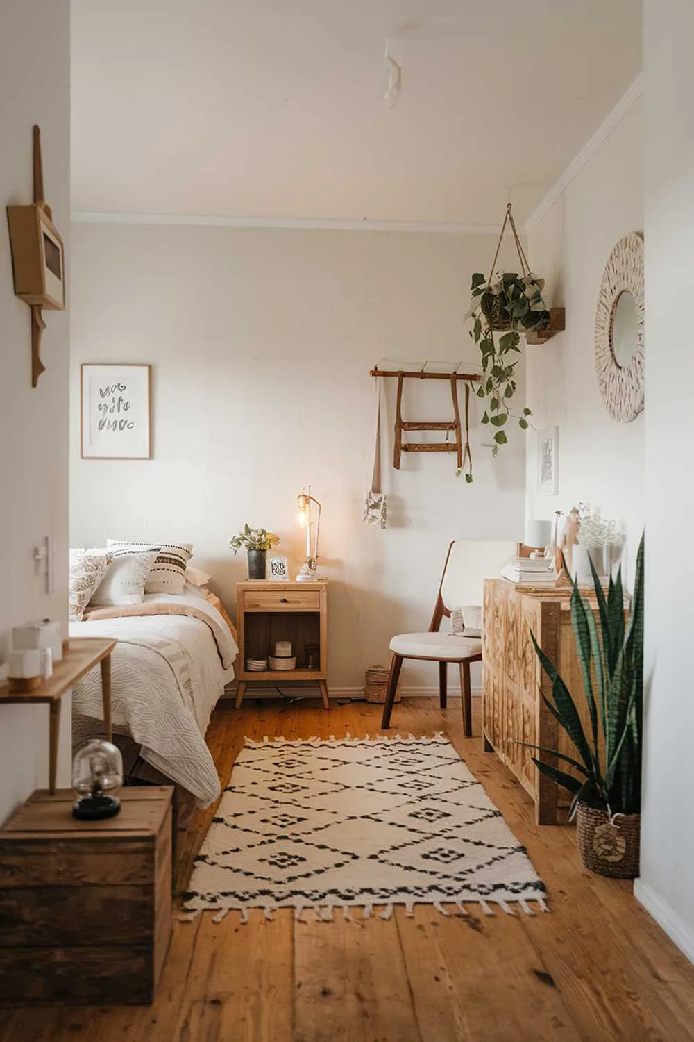 Scandinavian farmhouse bedroom with wooden floor, white walls, patterned rug, and minimal decor.