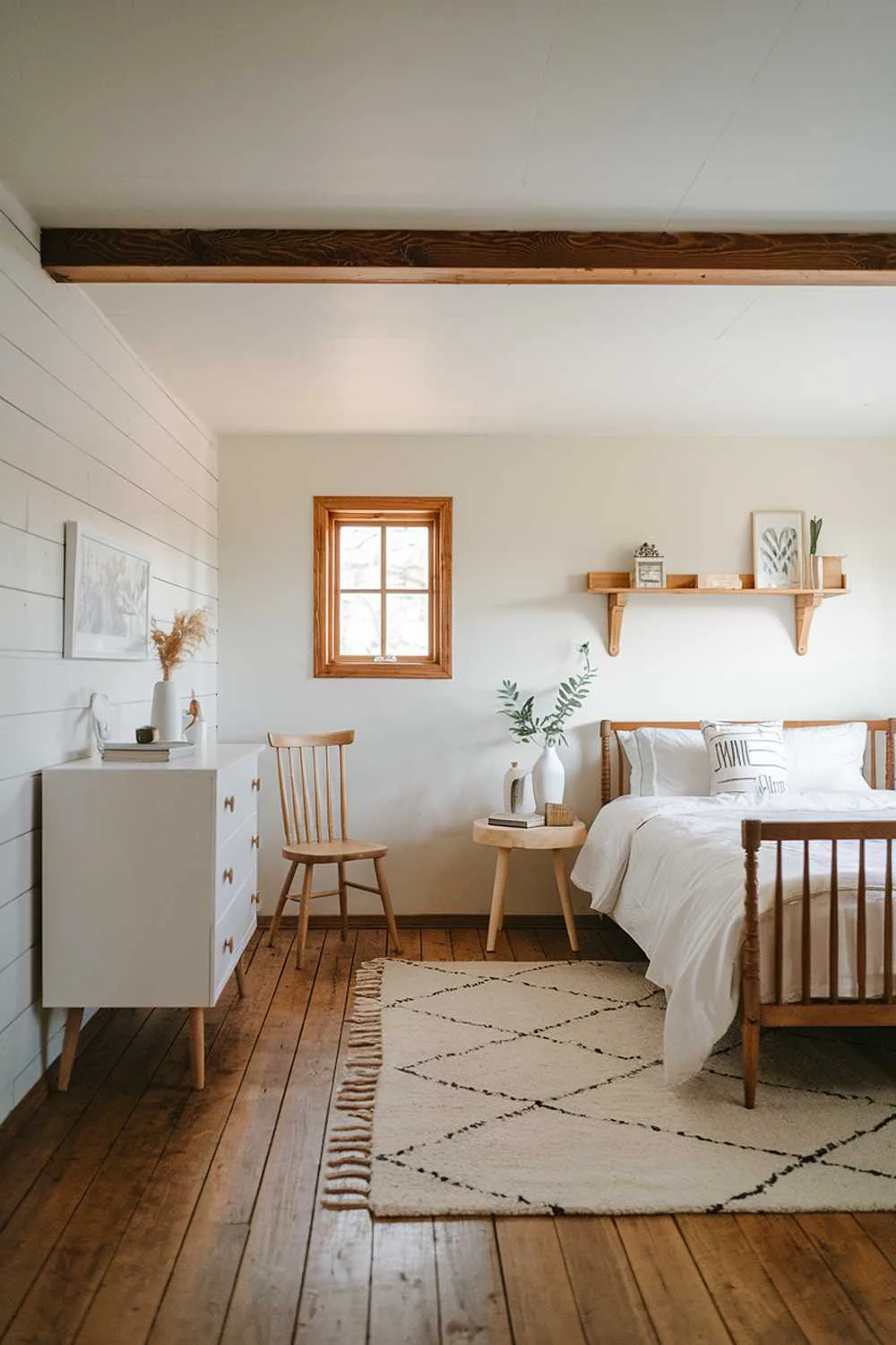 Scandinavian farmhouse bedroom with wooden floor, white walls, wooden beams, white bed, and soft lighting.