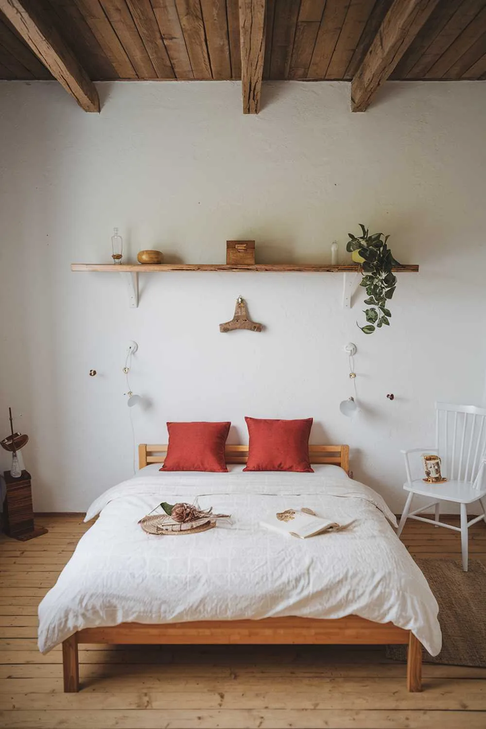 Bedroom with Scandinavian farmhouse decor featuring wooden bed, white duvet, red pillows, and rustic wooden ceiling.