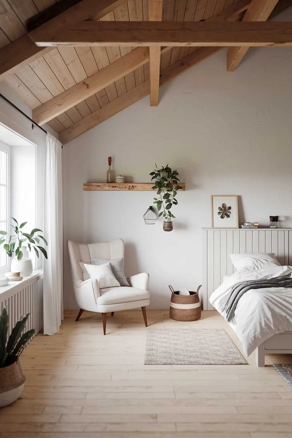 Scandinavian farmhouse bedroom with wooden beam ceiling, white walls, light wooden floor, cozy armchair, and natural decor.