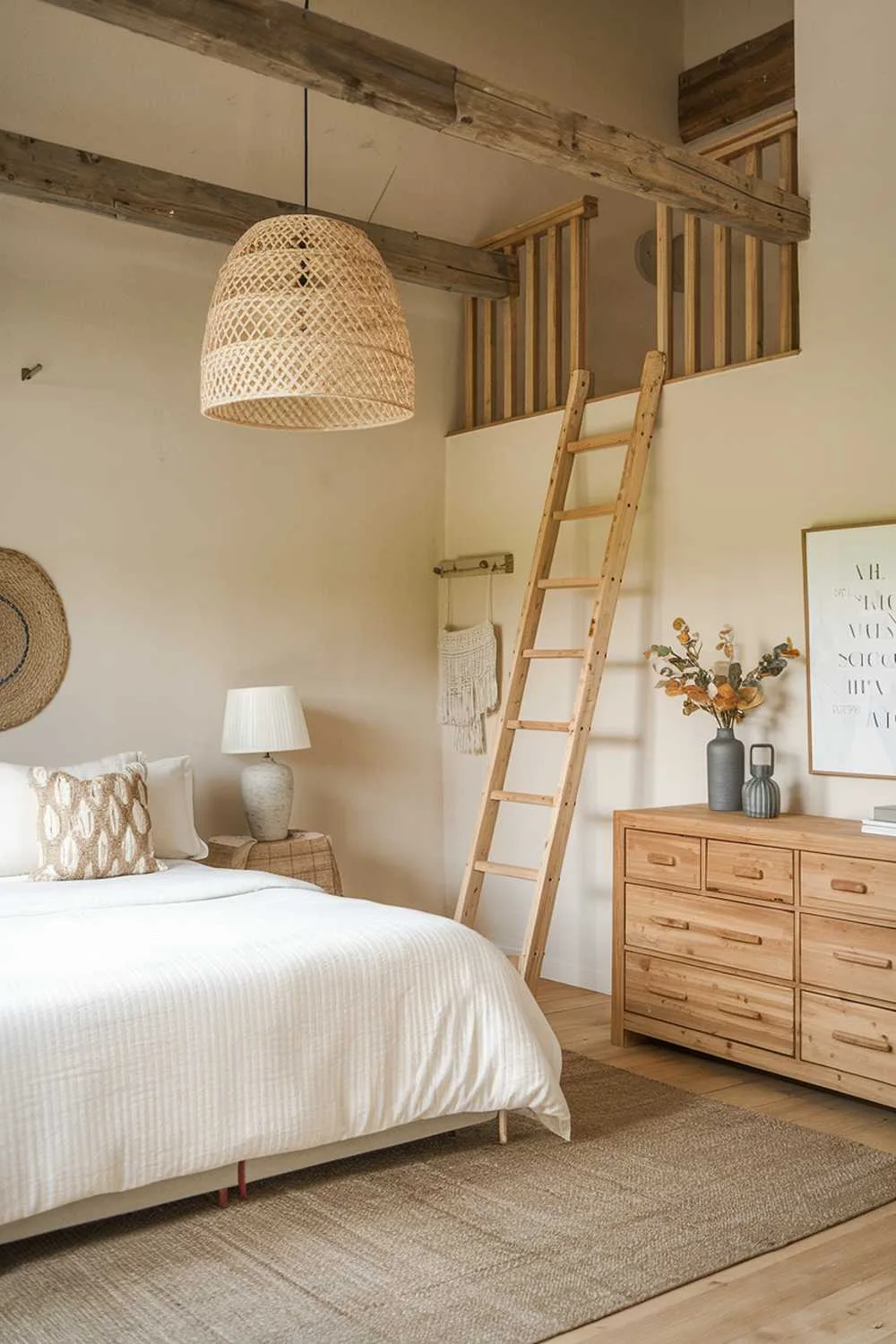 Scandinavian farmhouse bedroom with wooden beams, loft ladder, wooden dresser, and hanging wooden lamp.
