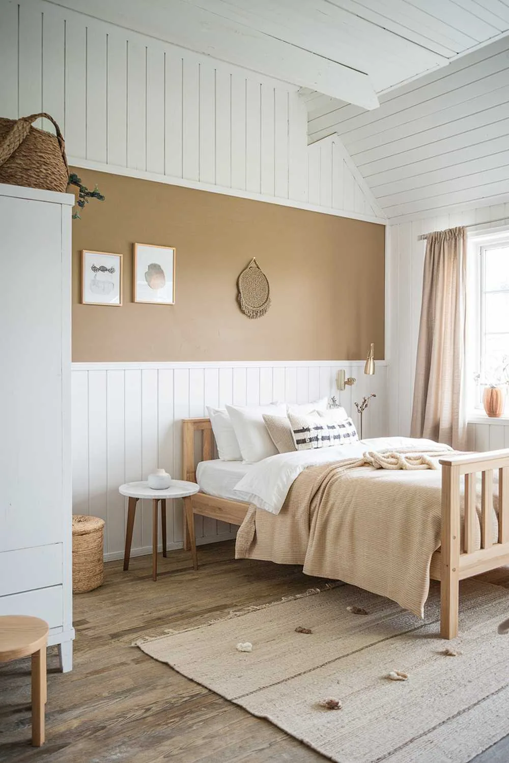 Scandinavian farmhouse bedroom with beige and white tones, wooden bed, white side table, and wooden floor.