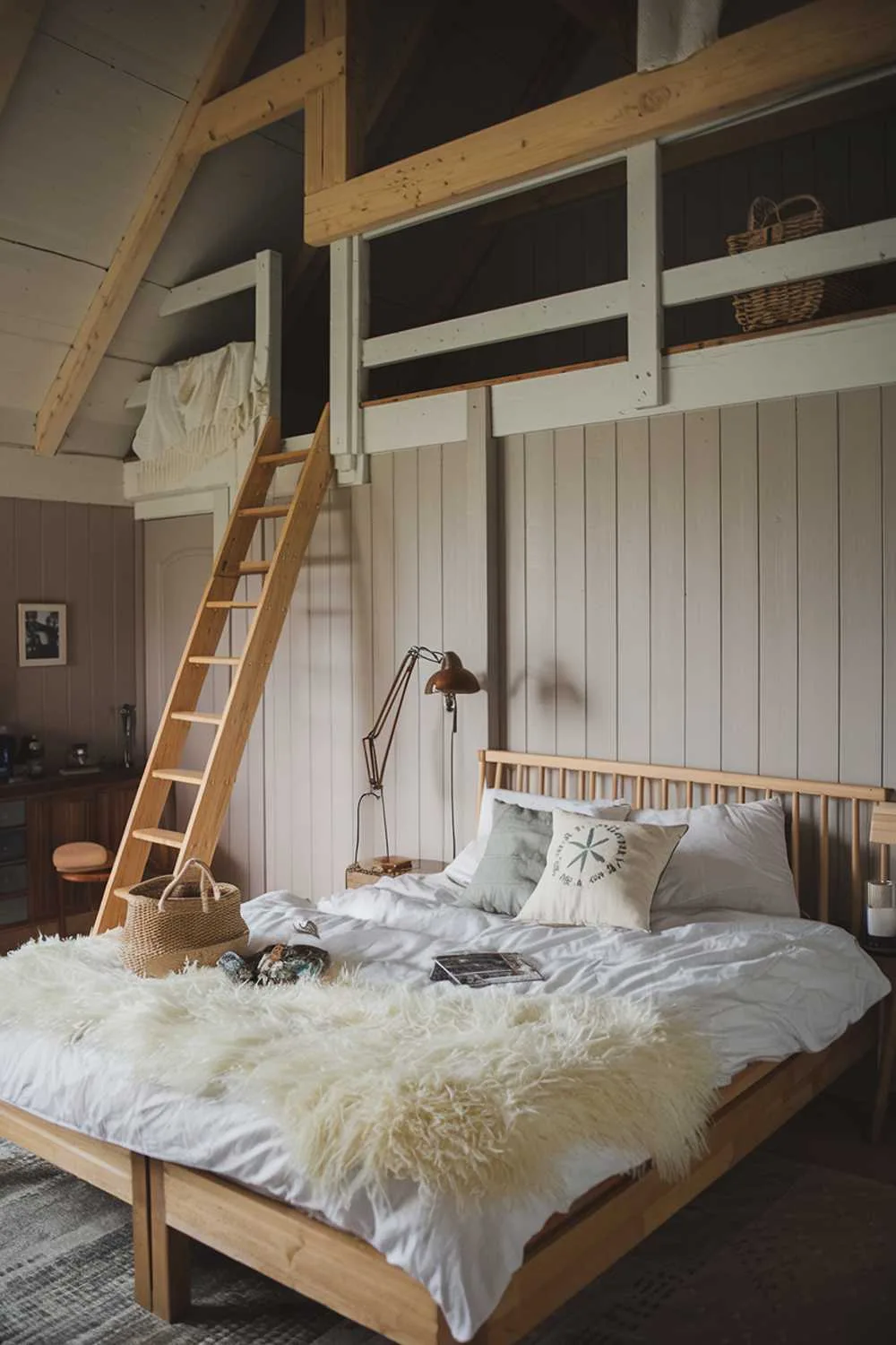 Cozy Scandinavian farmhouse bedroom with wooden beams, loft ladder, vintage lamp, and fluffy white duvet.