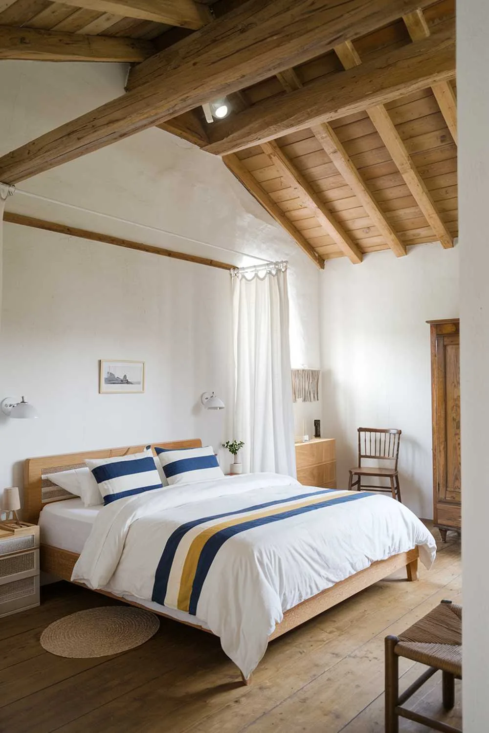 Scandinavian farmhouse bedroom with white walls, wooden beams, wooden bed frame, and striped bedding.