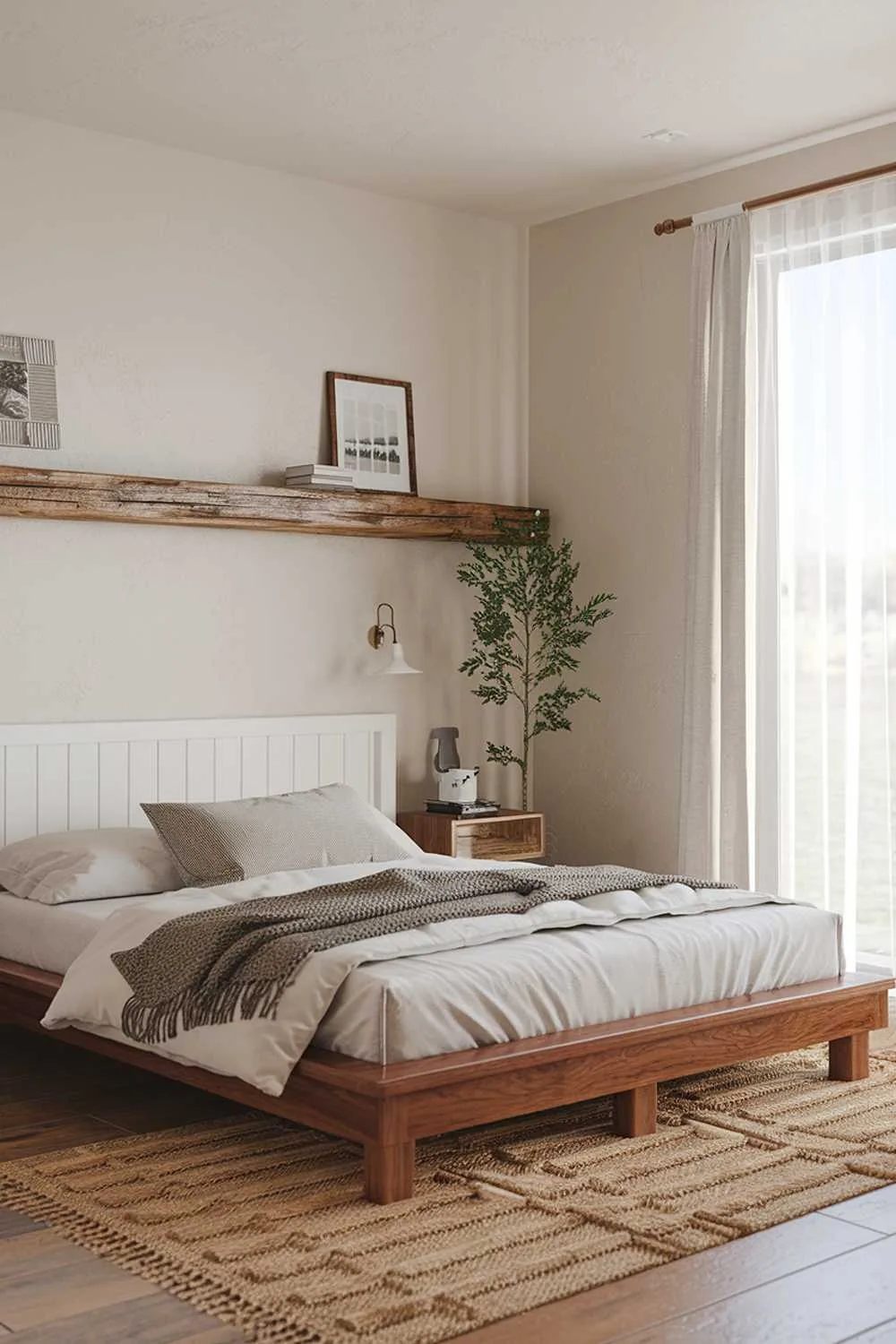 Scandinavian farmhouse bedroom with wooden platform bed, white headboard, rustic nightstand, and woven rug.