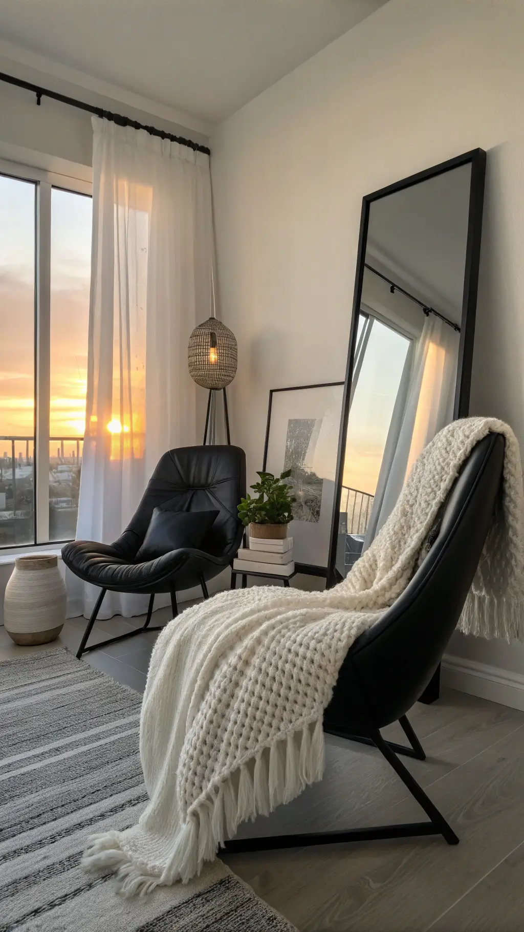 Cozy black and white bedroom corner with leather chair, throw blanket, leaning mirror, and ceramic vases at sunset